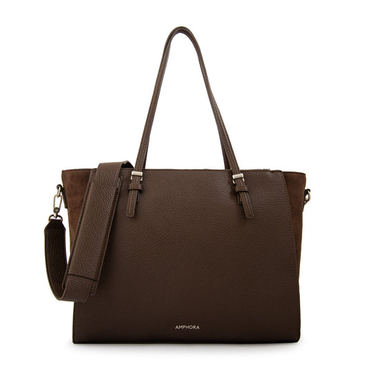 Cartera Dos Asas Porta Laptop Samantha Granulado Café Oscuro