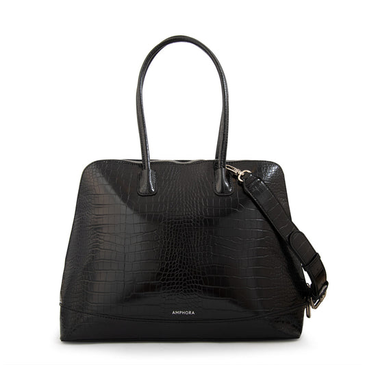 Cartera Dos Asas Porta Laptop Gloria Croco Negro