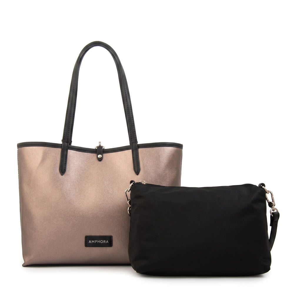 Cartera Dos Asas Reversible Grande Moira Nylon Negro