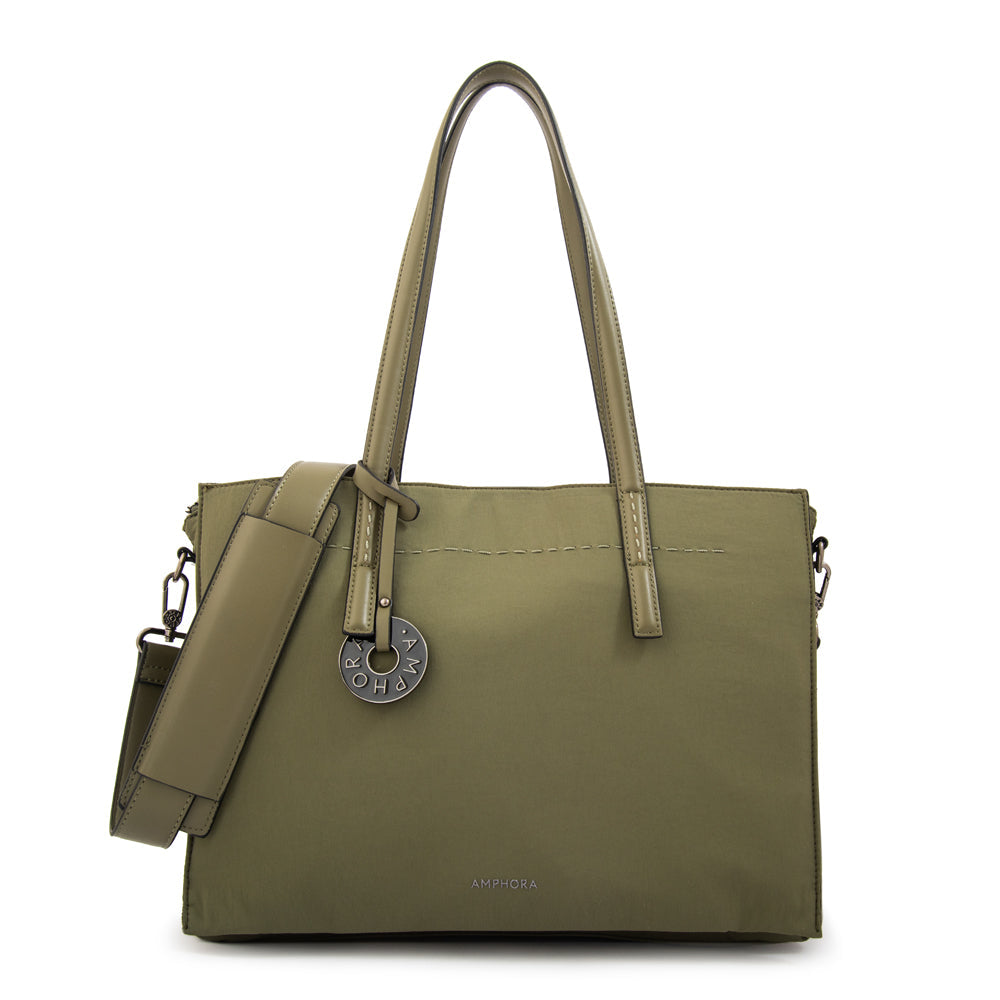 Cartera Dos Asas Portalaptop Ignacia Nylon Verde Oliva