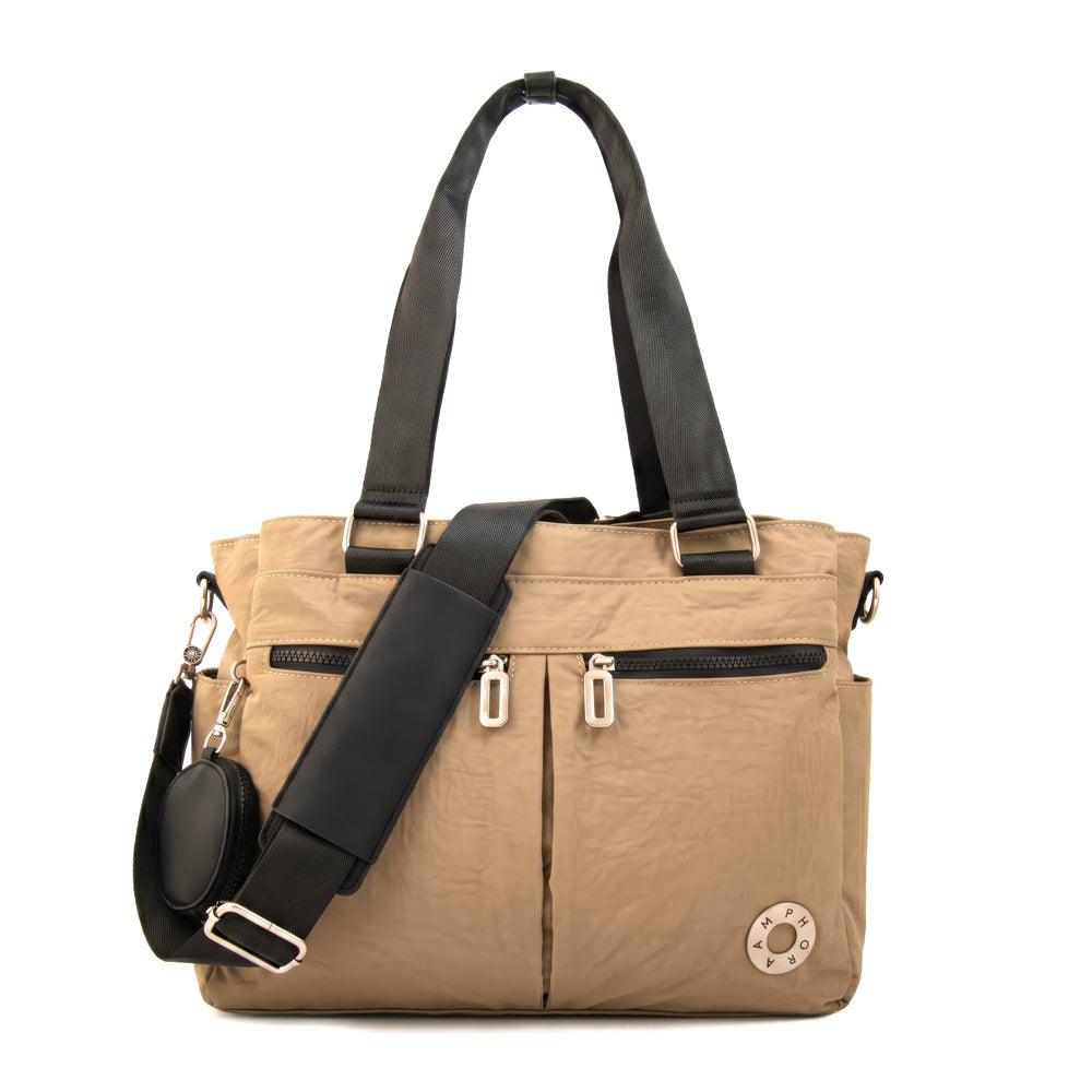 Cartera Dos Asas Portalaptop Vesna Nylon Beige Oscuro