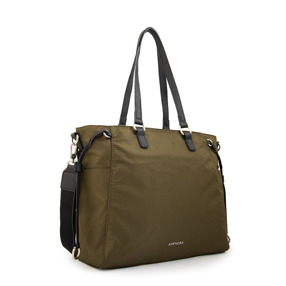 Cartera Dos Asas Portalaptop Romina Nylon Verde Oliva